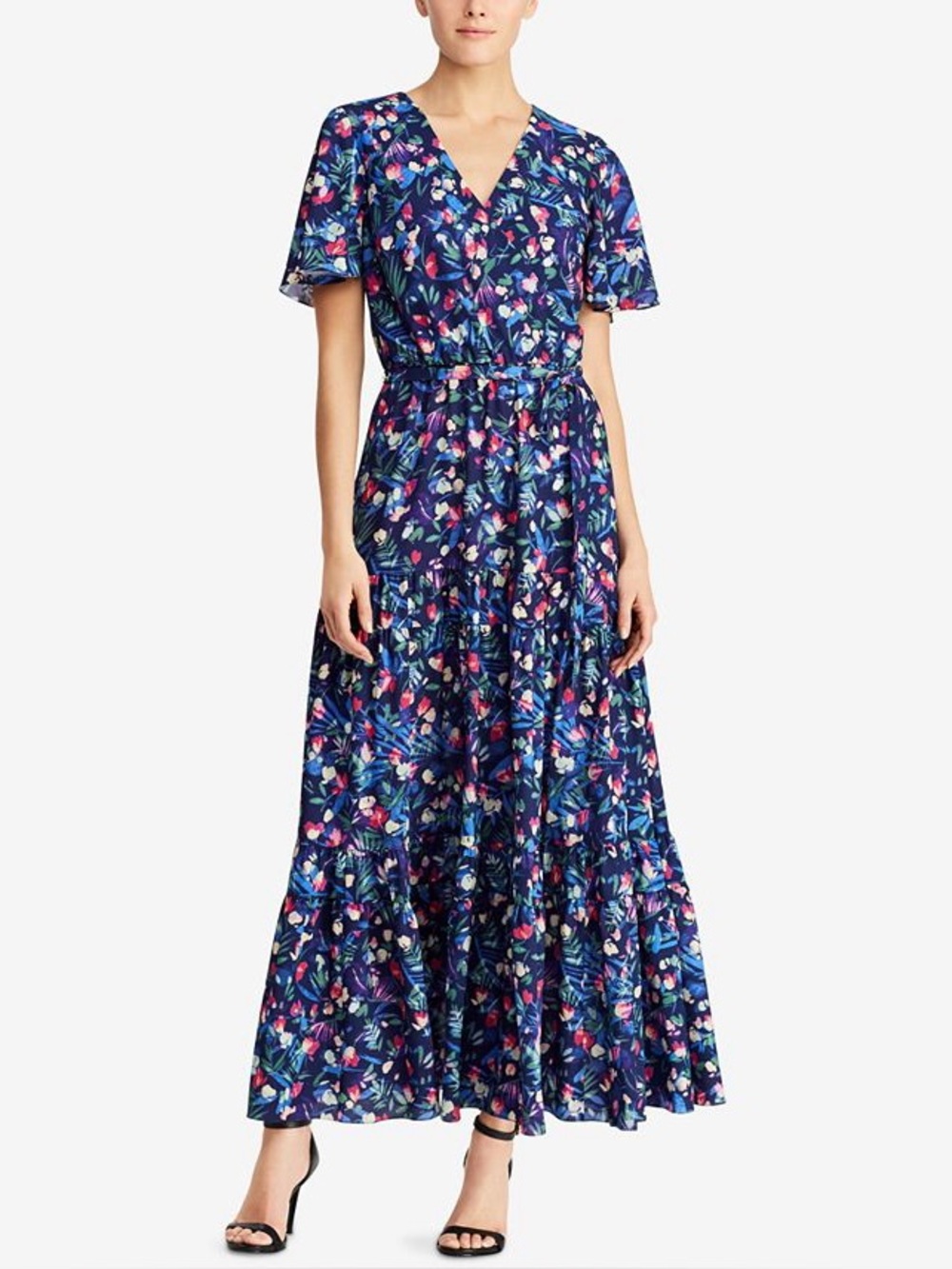 Lauren Ralph Lauren Floral Georgette Tiered Wrap Maxi Dress 8P